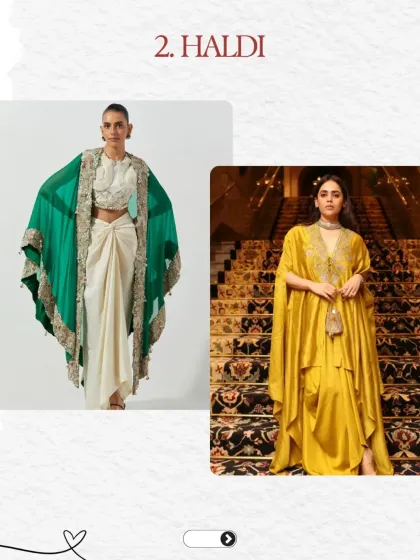 For the Haldi ceremony, comfort and colour are key. I suggest flowy kaftans in shades of yellow or green, or lightweight dhoti-saree sets that are both stylish and practical for the occasion.