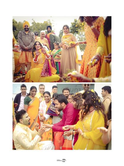 Candid moments from a Haldi ceremony, showing the couple interacting with their guests and enjoying the rituals.