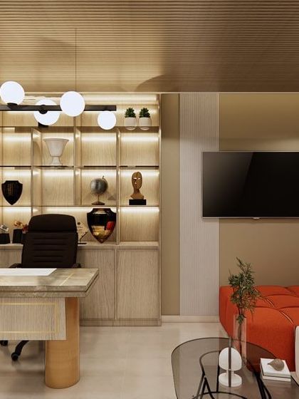 A wider view of the Dubai office concept, showing the glass partition that separates the executive cabin from the main workspace. The design balances privacy with a sense of connection.