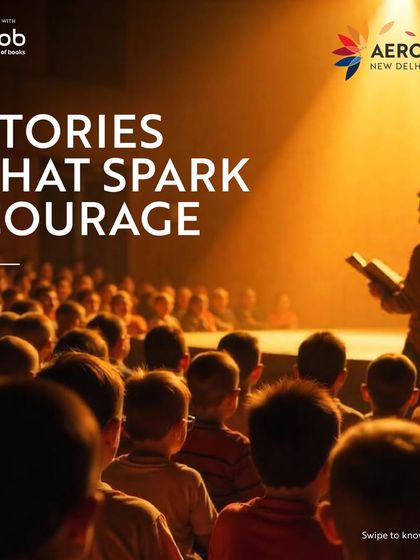 "Stories That Spark Courage." A powerful visual promoting the 'Little Bo' storytelling event, showing a storyteller captivating an audience of children, highlighting the inspirational nature of our family-friendly events.