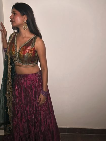 A full-length view of my sustainable Diwali lehenga. The combination of the crushed fabric skirt and the traditional brocade blouse creates a beautiful blend of textures.