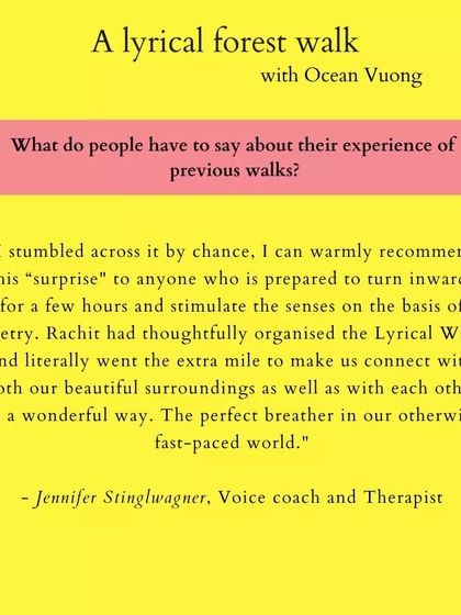 "I can warmly recommend this 'surprise' to anyone who is prepared to turn inwards for a few hours and stimulate the senses on the basis of poetry... The perfect breather in our otherwise fast-paced world." - Jennifer Stinglwagner, Voice coach and Therapist.