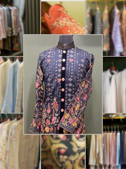 A glimpse of our traditional attire through a creative collage. The focus is a richly embroidered bandhgala, surrounded by elements of our studio and other designs, capturing a regal aesthetic.