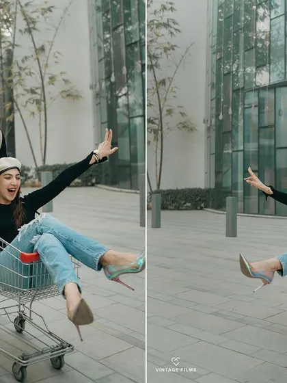 Pure, carefree fun with a shopping cart in a modern urban setting. This shows how we can turn any location into a playground for your pre-wedding shoot.