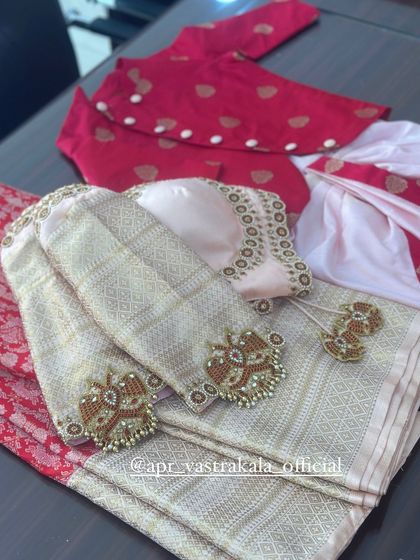 Another view of the coordinated mother and son outfits.