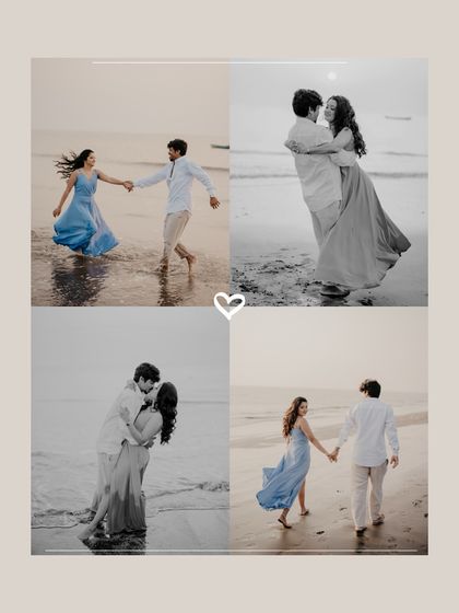 A four-photo collage capturing different romantic interactions on the beach, from walking hand-in-hand to sharing an intimate dance.