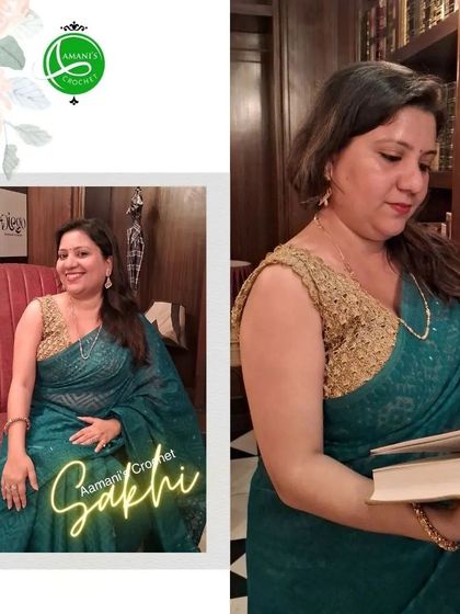 One of our dear patrons, now an Aamani's Sakhi, looking graceful in our gold zari crochet blouse. Seeing our creations come to life at special events is our greatest joy.