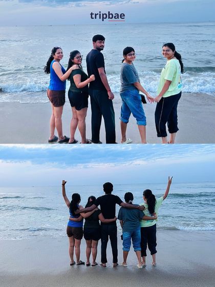 A group of friends enjoying the beach in Pondicherry. The serene coastline is perfect for creating lasting memories.