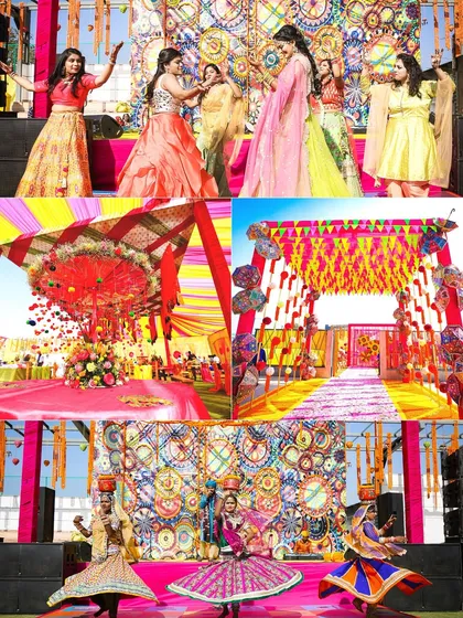 A collage showcasing a colorful, folk-inspired celebration. It features guests dancing, vibrant decor with intricate backdrops, and traditional Rajasthani performers, capturing the high energy of the event.