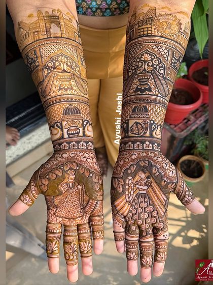 A full bridal design combining the iconic skylines of London and Mumbai. This is for the couple whose love story connects two great cities, blended with traditional varmala and peacock motifs.