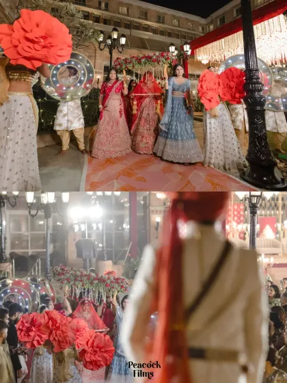 A diptych showing the grandeur of the bride's procession, with her bridesmaids and elaborate floral arrangements leading the way.