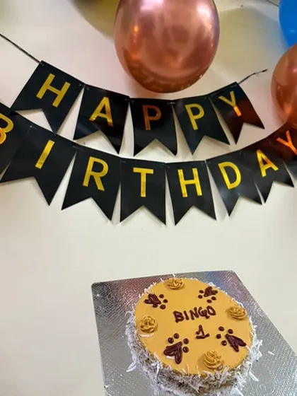 A close-up of Bingo's Zara Coconut Cake, decorated with his name and age. This 500g cake is an affordable and healthy option.
