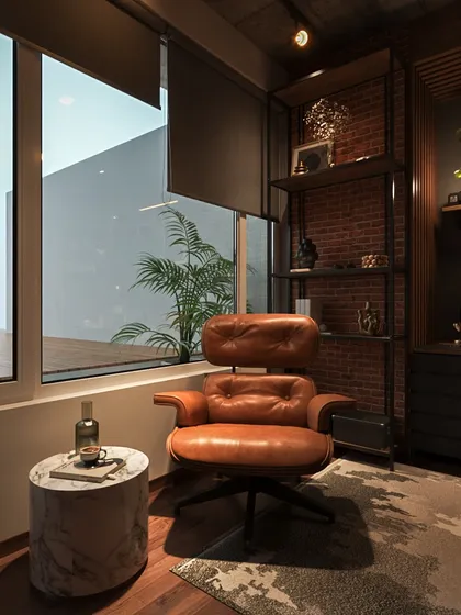 The leather armchair sits by the window, offering a space to take a break and enjoy the natural light, providing a soft contrast to the moody interior.