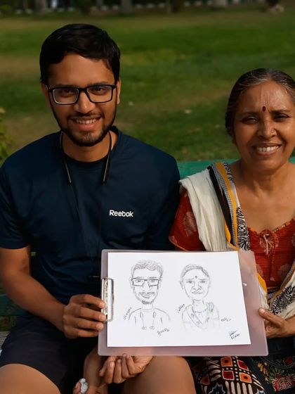 A wonderful mother and son duo with their caricature. These portraits make for a very special and personal gift.