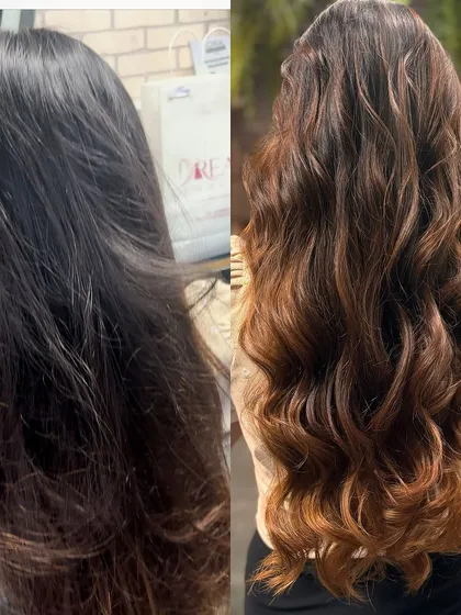 A classic before-and-after balayage transformation. We took this client from dark, one-dimensional hair to a beautiful, flowing balayage with long layers and zero bleach.