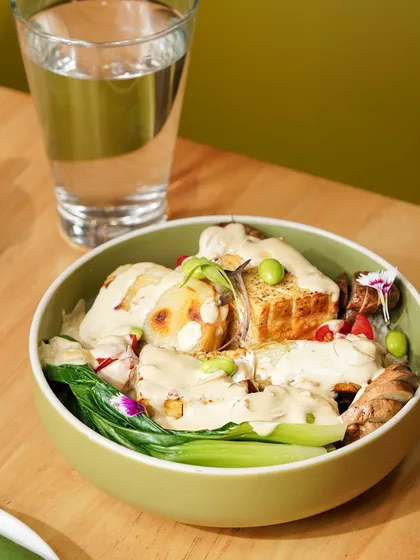 A vibrant bowl meal featuring tofu and bok choy, showcasing the delicious and satisfying vegan options available.