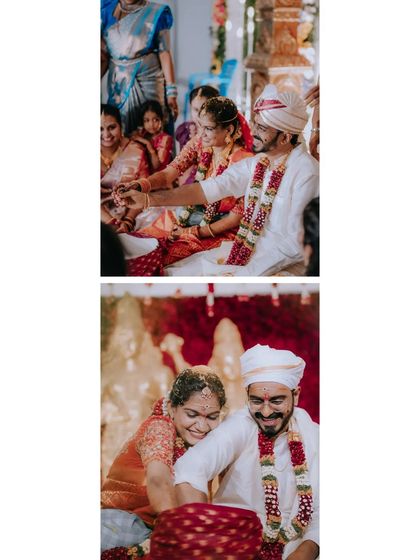 A collage showing the playful and loving interactions between the couple during their wedding rituals.