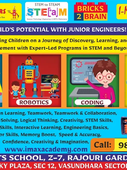 This flyer announces that registration is open at our Rajouri Garden and Vasundhara locations, showcasing our four main pillars: Abacus, Robotics, Coding, and LEGO.