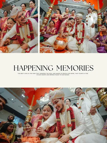 "Happening Memories" from the wedding ceremony, showing the couple participating in rituals surrounded by the happy faces of their family.