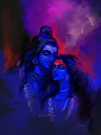A digital painting capturing the divine love between Shiva and Parvati under a mystical blue and red light. This artwork focuses on their intimate connection and spiritual bond.