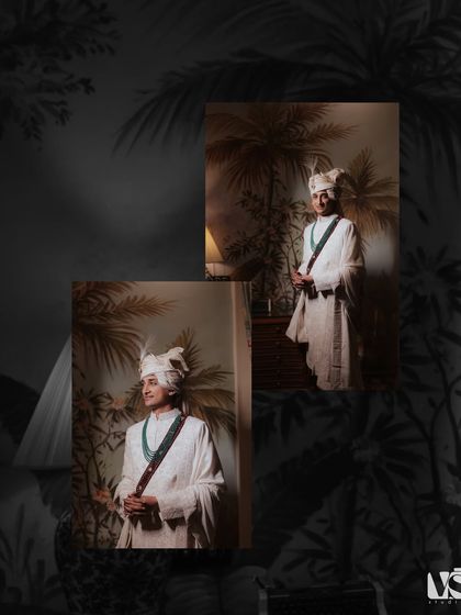 A collage of groom portraits showcasing his traditional attire. These shots highlight the details of his sherwani and the quiet confidence he carries as he prepares for the ceremony.