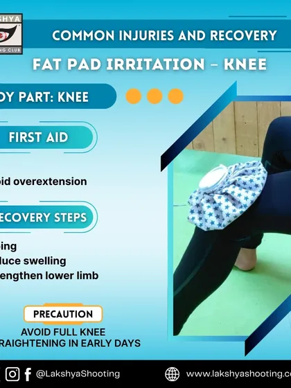 An infographic explaining how to manage fat pad irritation in the knee, a common issue for shooters. We provide practical tips on first aid, recovery, and prevention.