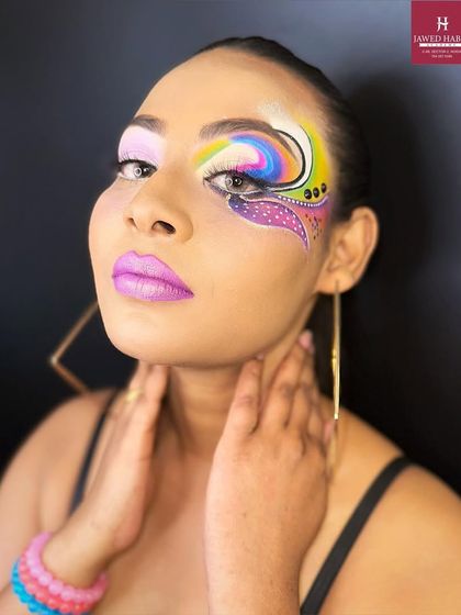 A vibrant and creative eye makeup look, using a swirl of colors and patterns for a high-fashion, artistic effect.