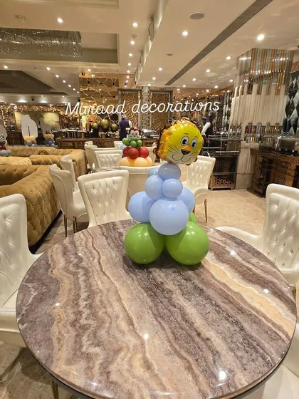Simple yet effective table centerpieces for a jungle-themed party. We used small balloon clusters with a lion head foil balloon on top to carry the theme to every table.