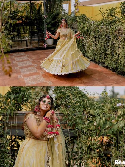 A diptych of the bride looking radiant in her yellow Haldi outfit. One shot captures her twirling happily, while the other is a lovely portrait of her smiling amidst lush greenery.