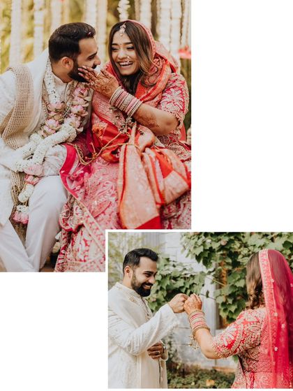 A collage of playful and tender moments between the couple during their wedding ceremony.