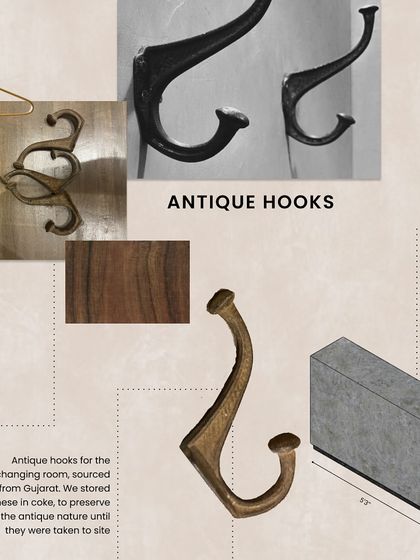 A mood board showcasing the antique hooks we sourced from Gujarat for the Eka store changing rooms. We even stored them in coke to preserve their antique nature, showing our commitment to authenticity in every detail.