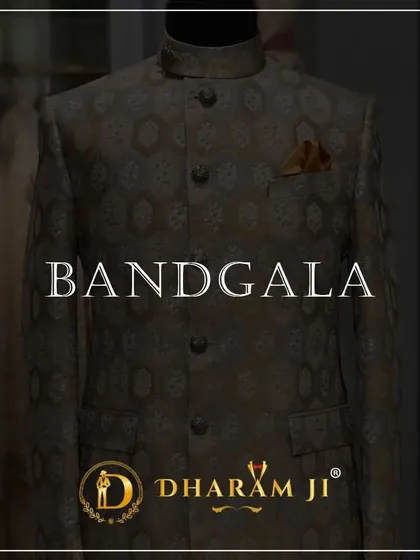 A marketing graphic for my bandhgala collection, featuring a brown patterned jacket.