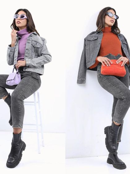 This composite image shows two ways to style a grey denim jacket and jeans. By simply changing the color of the turtleneck and accessories, I created two distinct, stylish looks for a winter collection.