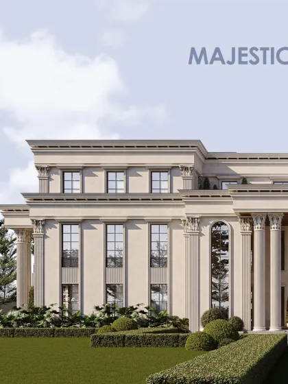 Rooted in classical architecture, this composition draws strength from its commanding scale and crisp geometry. The fluted columns and vertically aligned fenestrations echo a language of permanence and structural clarity.