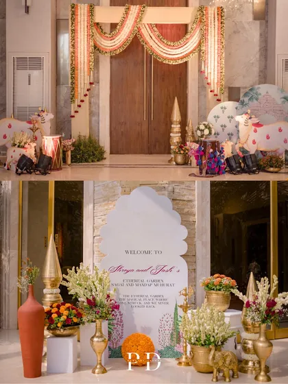 A collage showing the welcome details for a traditional Mandap Muhurat ceremony, including a custom welcome sign, floral toran, and painted cow statues.