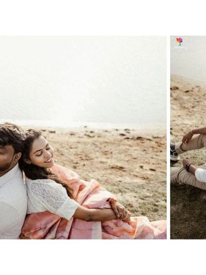 A diptych showing the couple relaxing by the shore, capturing both a wide view and a more intimate, smiling interaction.
