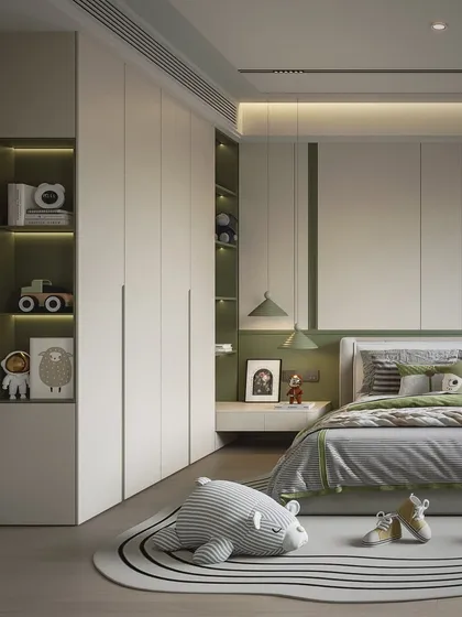 A modern children's bedroom with a calm green and white color scheme. The render highlights the integrated storage with open niches for displaying toys.
