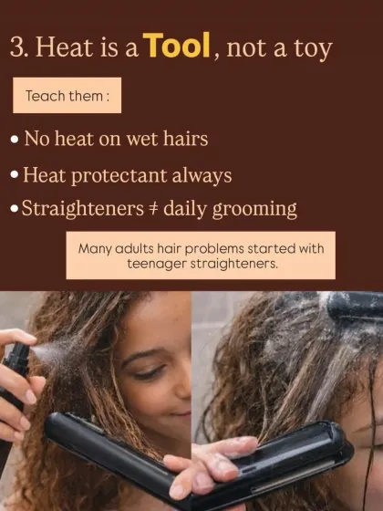 Many adult hair problems start from habits we learned as kids. This graphic explains the importance of teaching proper hair care early, such as avoiding heat on wet hair and always using a heat protectant.