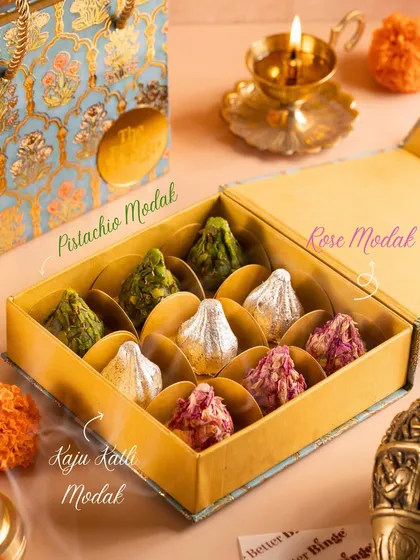 A closer look at our assorted modaks: Pistachio, Kaju Katli, and Rose. Each one is handcrafted, vegan, gluten-free, and naturally sweetened.