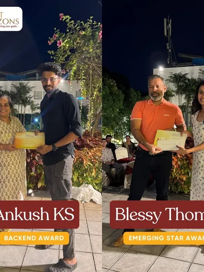 A photo from our Annual Awards and Recognition event, celebrating our star performers. Here, Ankush KS receives the Backend Award and Blessy Thomas receives the Emerging Star Award for their outstanding contributions.