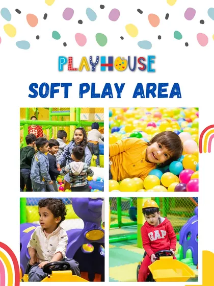 A glimpse into our soft play zone, a paradise for little explorers. It's filled with ride-on cars, a huge ball pit, and plenty of space to climb and play safely.