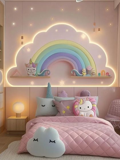A dreamy unicorn-themed bedroom with a custom rainbow headboard featuring LED backlighting. The pink quilted bed and cloud-shaped pillow complete the magical look.