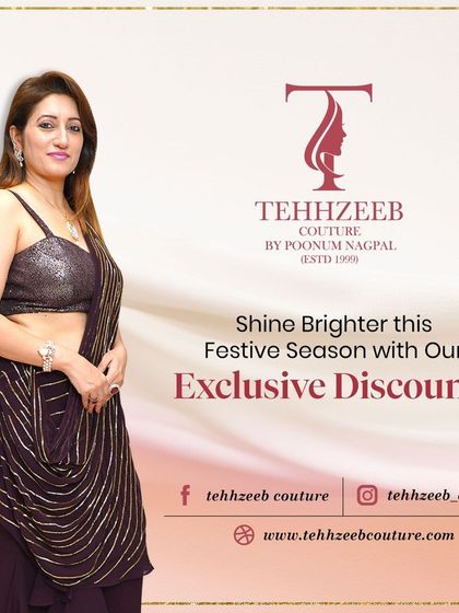Shine brighter this festive season with our exclusive discounts. Here I am in a shimmering draped saree, perfect for any celebration.
