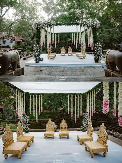 The mandap is the sacred centerpiece of your wedding. This stunning setup at The Tamarind Tree, with its grand elephant statues, traditional seating, and cascading floral arrangements, demonstrates my commitment to creating a majestic and authentic South Indian ceremony space.