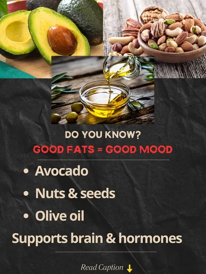 Good Fats = Good Mood. An infographic on how avocado, nuts, and olive oil support brain health.