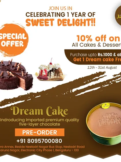 Introducing our signature Dream Cake, a rich and indulgent dessert for one. This promotional image highlights our imported premium quality five-layer chocolate cake, conveniently served in a tin for a perfect single-serving experience.