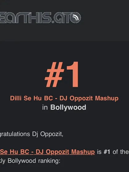 Topping the charts. My 'Dilli Se Hu BC' mashup hit number 1 on the weekly Bollywood ranking on Hearthis.at.