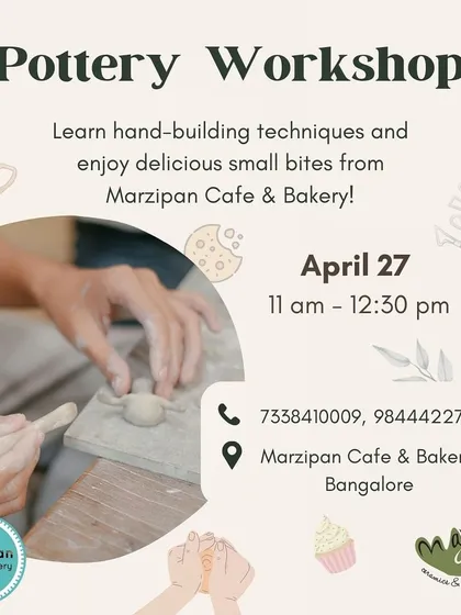 Join us for a fun workshop at Marzipan Cafe and Bakery to learn hand-building and enjoy some treats!