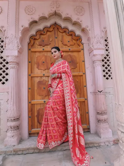A classic pose in front of the ornate wooden door, showcasing the full saree.