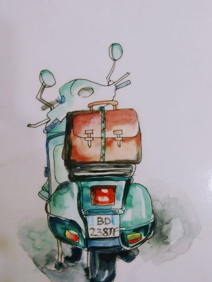 A vintage scooter painted with watercolours by a student from the senior batch. This piece has so much character and shows a great understanding of colour and form.
